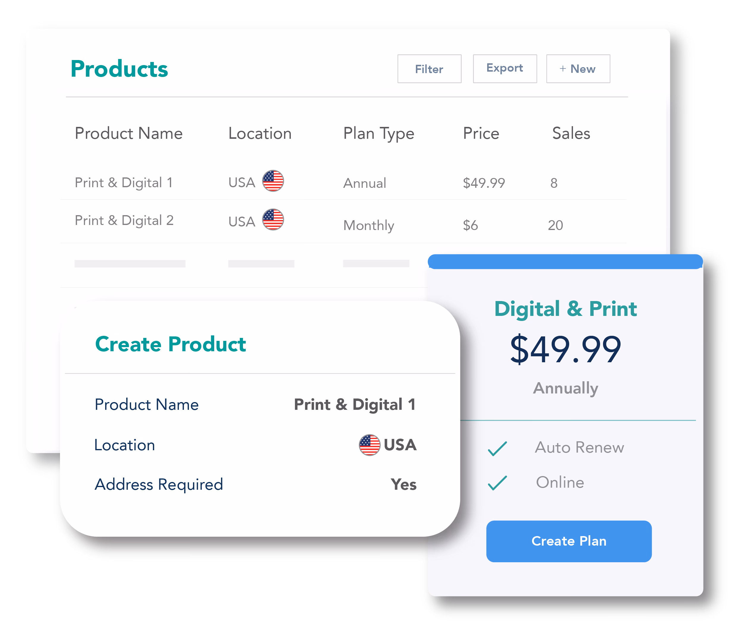 Pelcro Products dashboard — create and price plans visually
