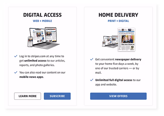 Stars and Stripes digital subscription platform powered by Pelcro